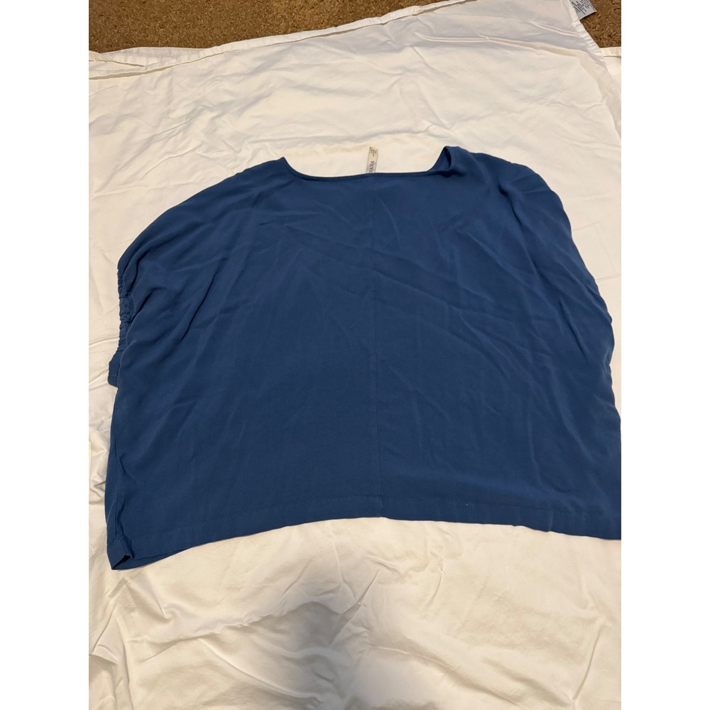 Zenana Womens Blue Short Sleeve Ruched Cuff Scoop Neck Boxy Top Size Large
